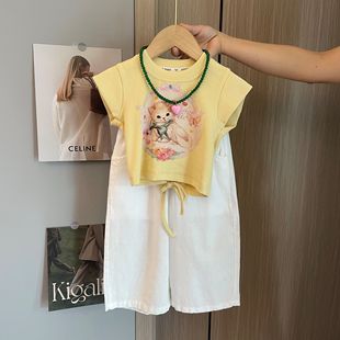 休闲两件套时髦上衣抽绳露背T T恤棉麻八分裤 女童韩版 卡通猫咪短袖