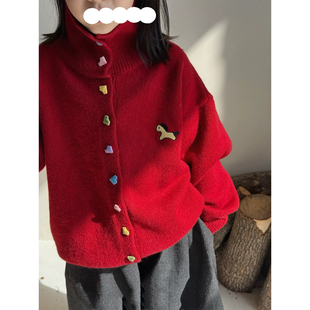 女童新年圣诞红色毛衣刺绣小马加厚毛衣女宝宝宽松慵懒针织上衣