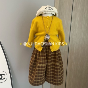 2025深秋女童洋气毛衣开衫外套格子毛呢香蕉裤套装时髦童装休闲潮