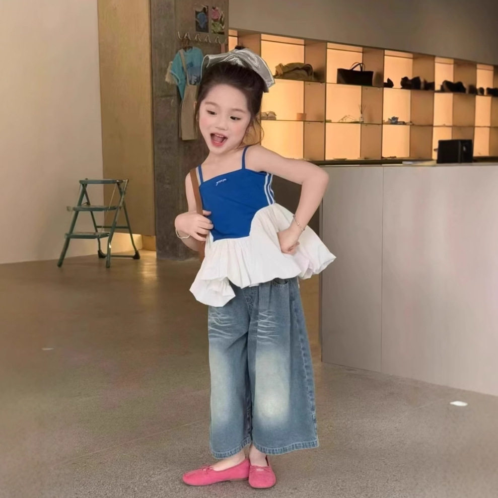 女童套装夏装25新款网红炸街儿童设计感拼接花边吊带衫喷白牛仔裤,童装/婴儿装/亲子装,套装,淘宝优惠券,粉丝福利购,淘宝优惠卷