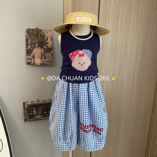 女童卡通背心格子弯刀裤套装2026夏装新款时髦休闲背心T恤格子裤