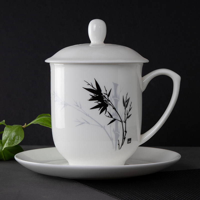 竹子骨瓷茶杯办公室会议杯陶瓷杯带盖礼盒装定制logo印字老干部