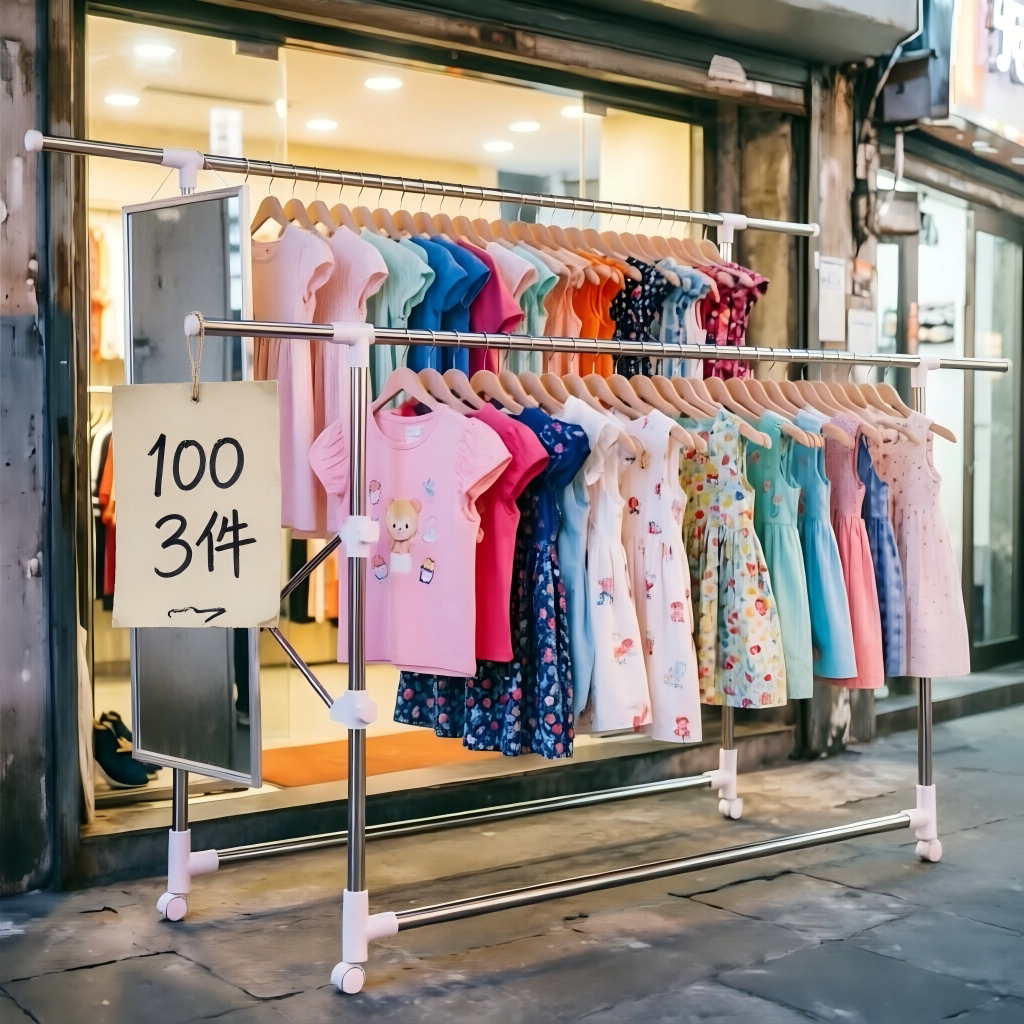 不锈钢双杆晾衣架落地夜市摆摊折叠衣架卖衣服展示架地摊专用架子