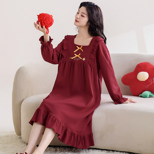 连衣裙 100%纯棉夏季 睡裙女2025新款 红色睡衣薄款 甜美本命年中长款