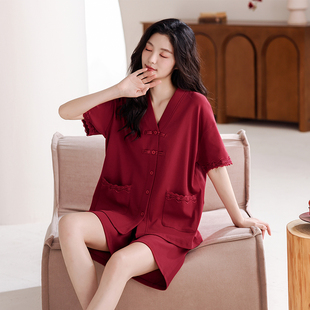 结婚新婚女套装 2025年新款 睡衣夏季 红色纯棉和服V领凉感短袖 短裤