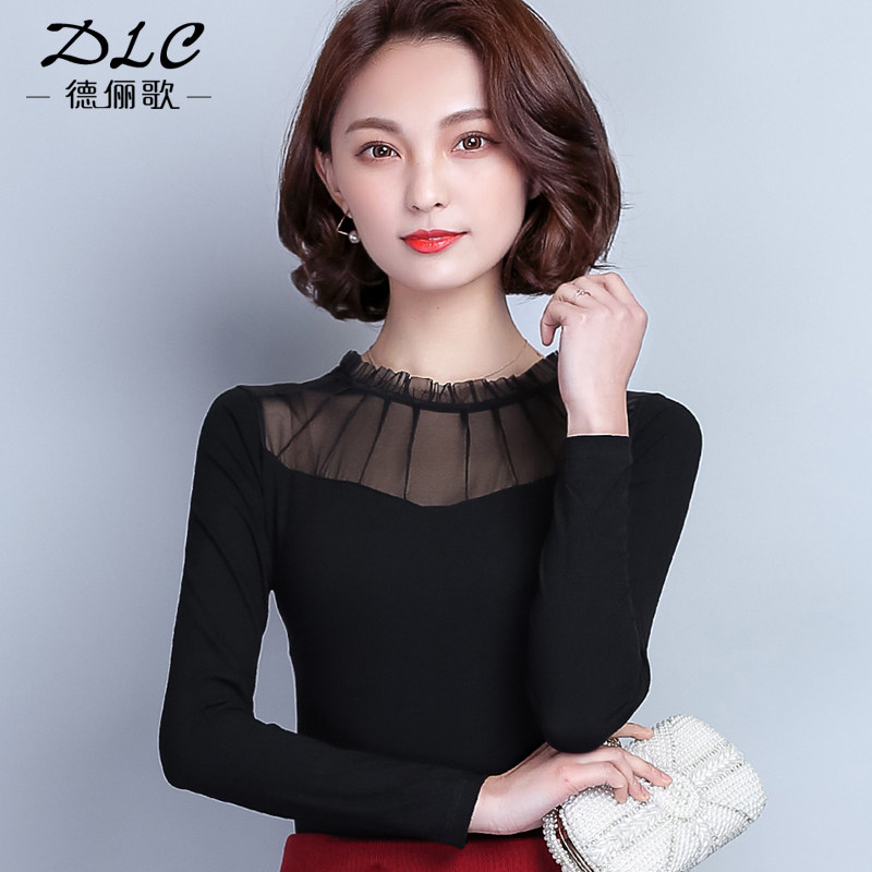 莫代尔上衣半高领网纱T恤蕾丝打底衫女春秋百搭薄款黑色洋气小衫