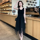 黑色连衣裙女2025春秋款 小吊带裙背心不规则网纱裙子 气质内搭法式