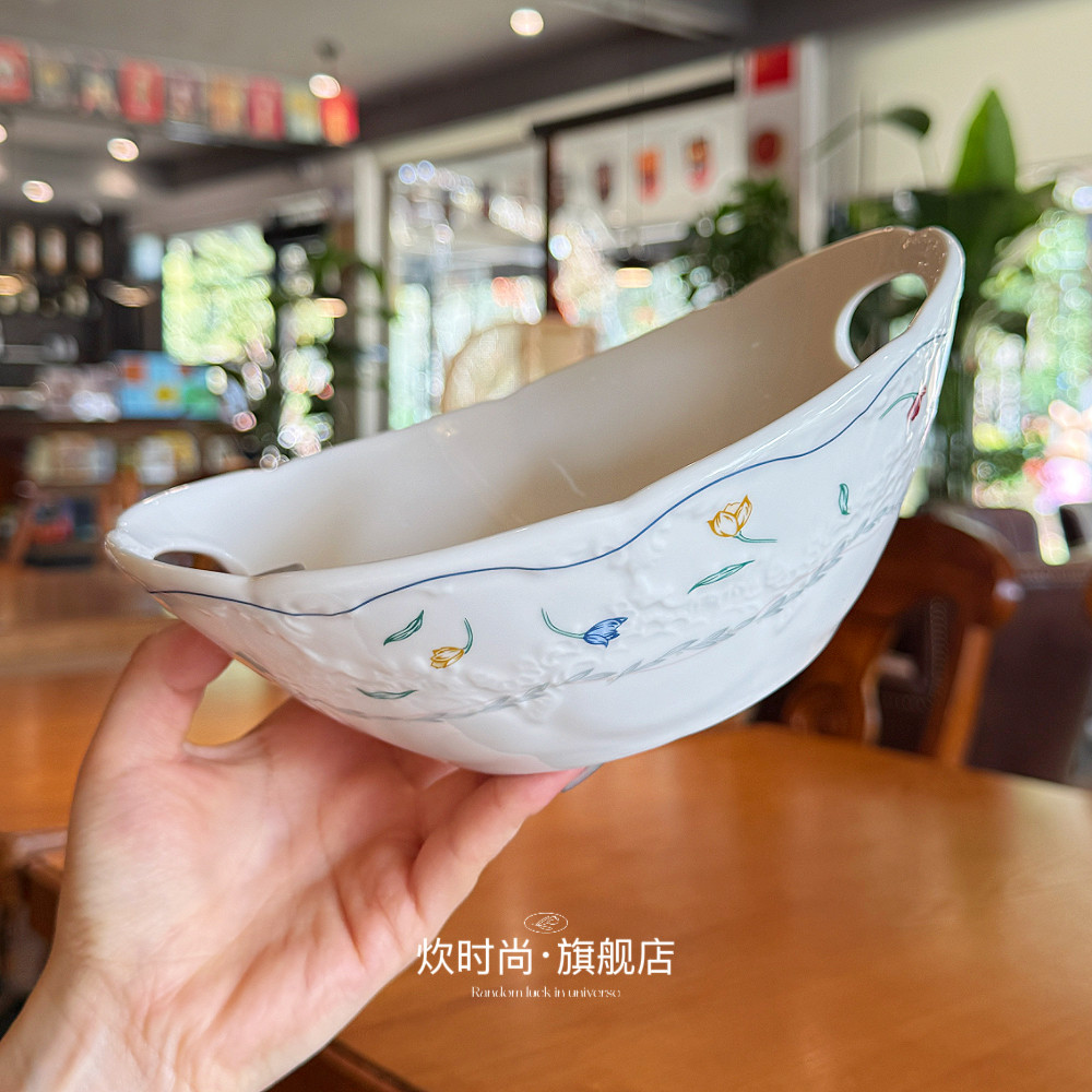 炊时尚设计师款｜双耳手提盘｜法式花卉陶瓷沙拉碗水果碗盘收纳篮