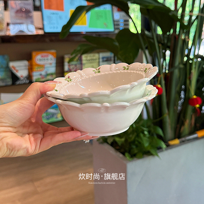 法式复古蓝色花枝 陶瓷碗沙拉碗早餐碗米饭碗精致甜品碗高级感