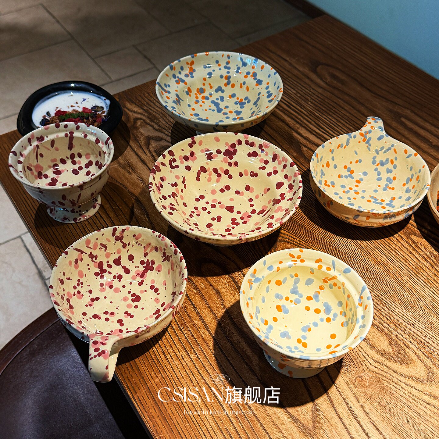 复古泼墨彩点餐具｜手工感陶瓷碗高脚碗个人釉下彩漂亮饭碗酸奶碗图片