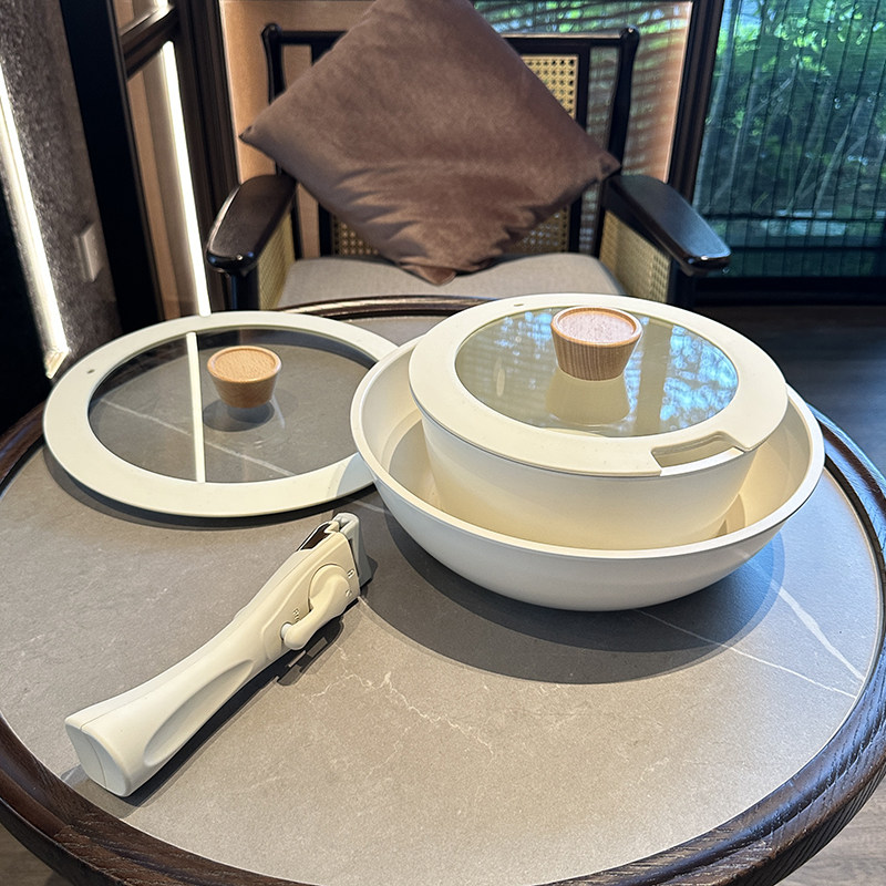 可拆卸【奶白配色小奶锅】不粘锅套装组合平底锅煎锅麦饭石家用锅