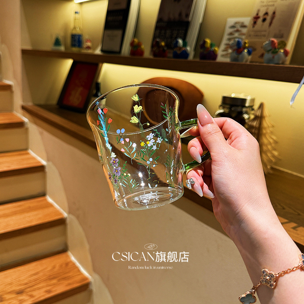 复古田园玻璃杯｜高硼硅耐热可微波｜家用早餐牛奶咖啡果汁马克杯图片