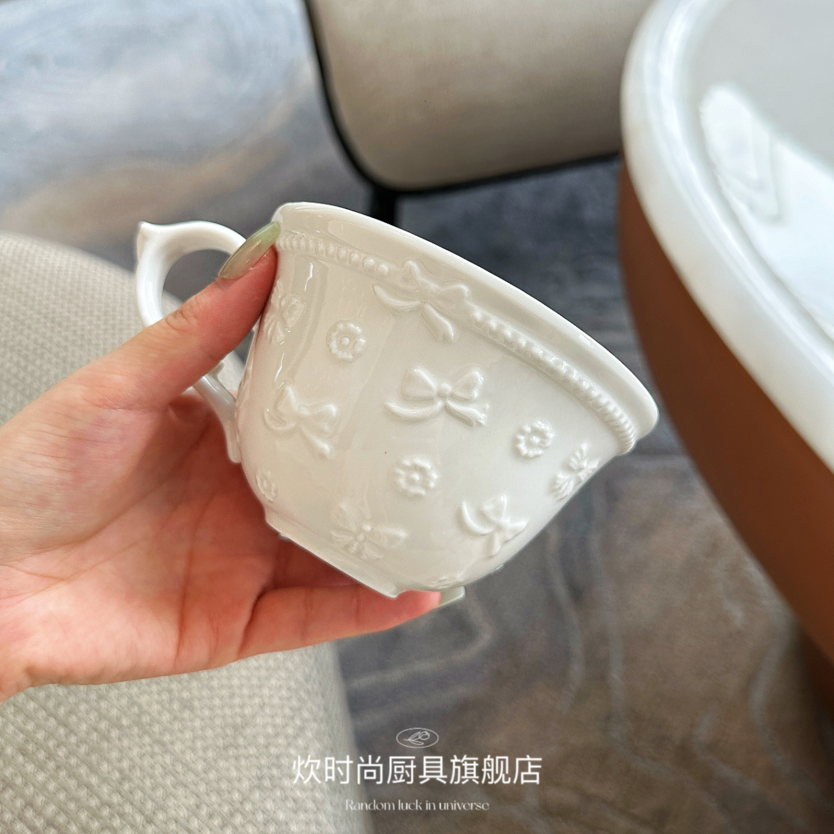 【老板娘自用】法式浮雕绝美花与蝴蝶结陶瓷咖啡杯下午茶花茶杯