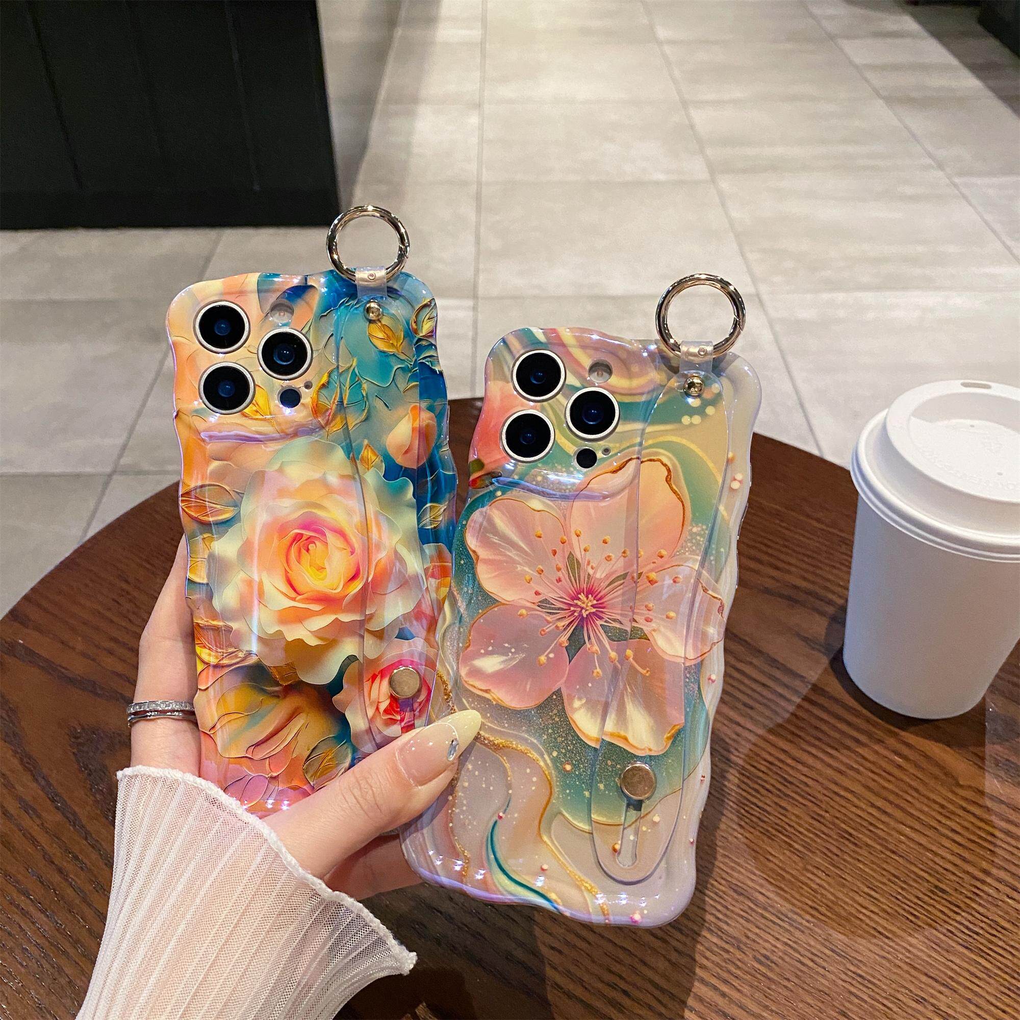 腕带适用iPhone16promax高颜值玫瑰樱花手机壳苹果17promax波浪边手机壳15promax蓝光14防摔13软壳12花11女款