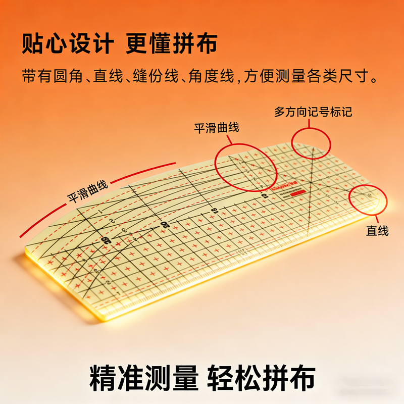 科灵高温尺熨烫尺多功能拼布尺子精准测量直线圆角缝份线缝纫工具