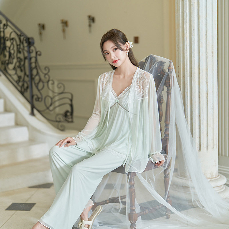 法式宫廷睡衣女舒适薄款胸垫三件套蕾丝清新公主风网纱轻奢家居服