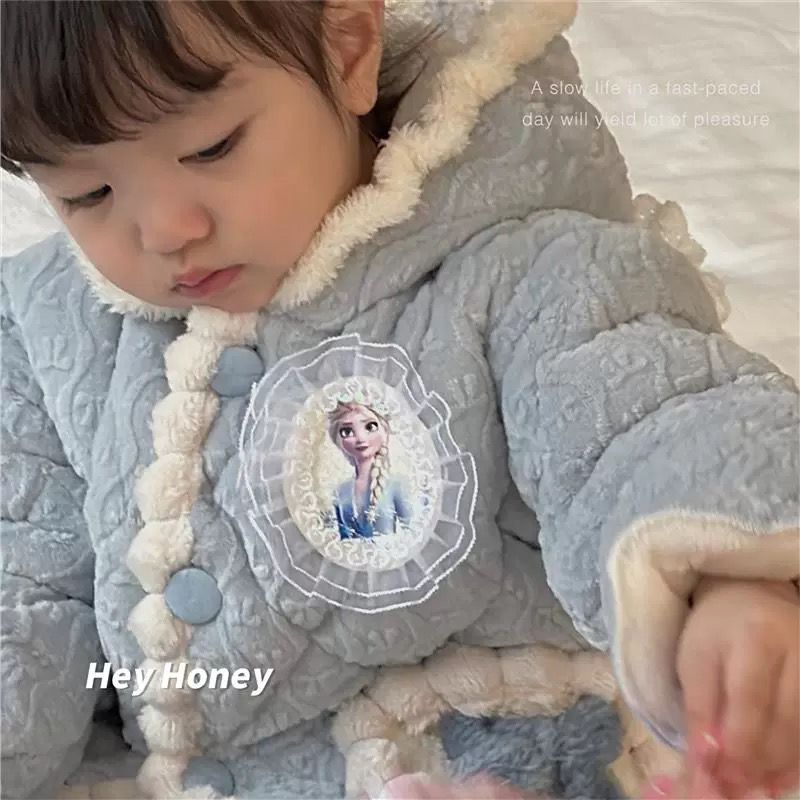 女童睡衣公主珊瑚绒三层夹棉外套装宝宝儿童法兰绒加厚家居服