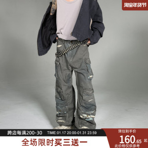 黑衣先生工业风水洗油漆色做脏设计多口袋直筒牛仔裤休闲长裤子男
