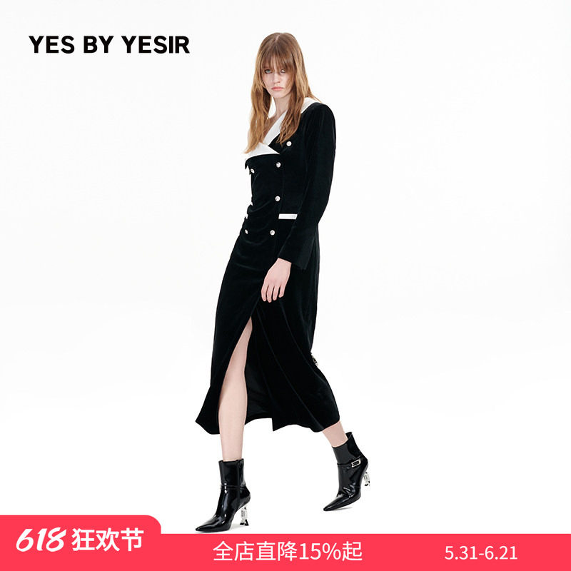 YES BY YESIR叶谦原创设计秋新款律政佳人丝绒轻礼服开衩连衣裙