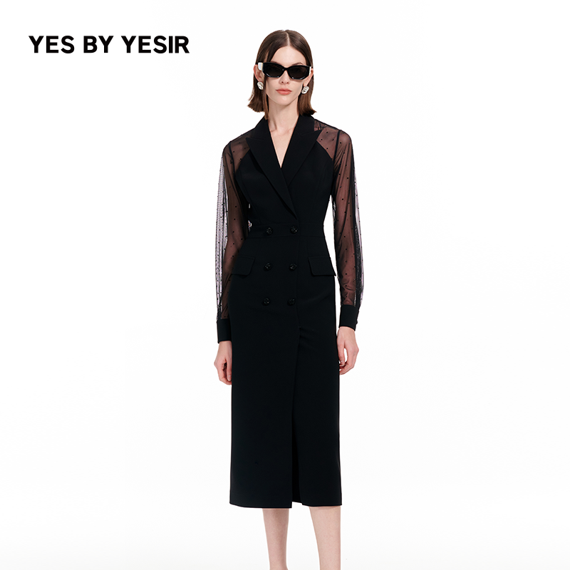 YES BY YESIR谦原创设计25年春季新款职场全开纱袖西服连衣裙