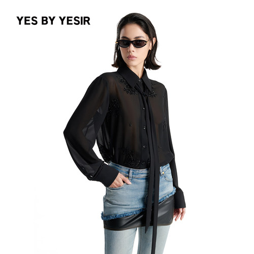 YESBYYESIR秋冬珠绣花系带衬衫