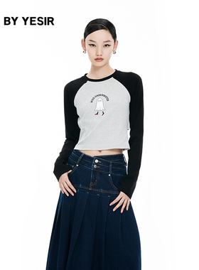 刘浩存同款YES BY YESIR叶谦原创24春女插肩袖长袖修身T恤卫衣