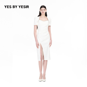 张歆艺同款YES BY YESIR叶谦原创秋冬新款开叉白色一步连衣裙