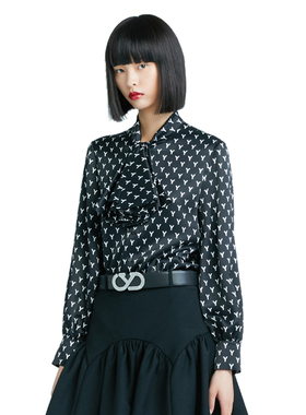 YES BY YESIR叶谦原创设计师春季 黑色印花系结衬衫21FL14011