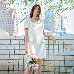 YES BY YESIR叶谦原创设计师夏新款高级气质白奶酪酱连衣裙