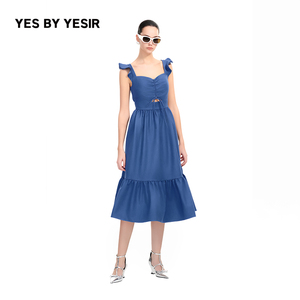 YES BY YESIR叶谦原创设计师夏新款经典牛仔蓝高腰修身连衣裙