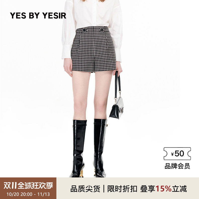 YES BY YESIR叶谦原创设计秋新款黑格尔复古格纹通勤百搭短裤