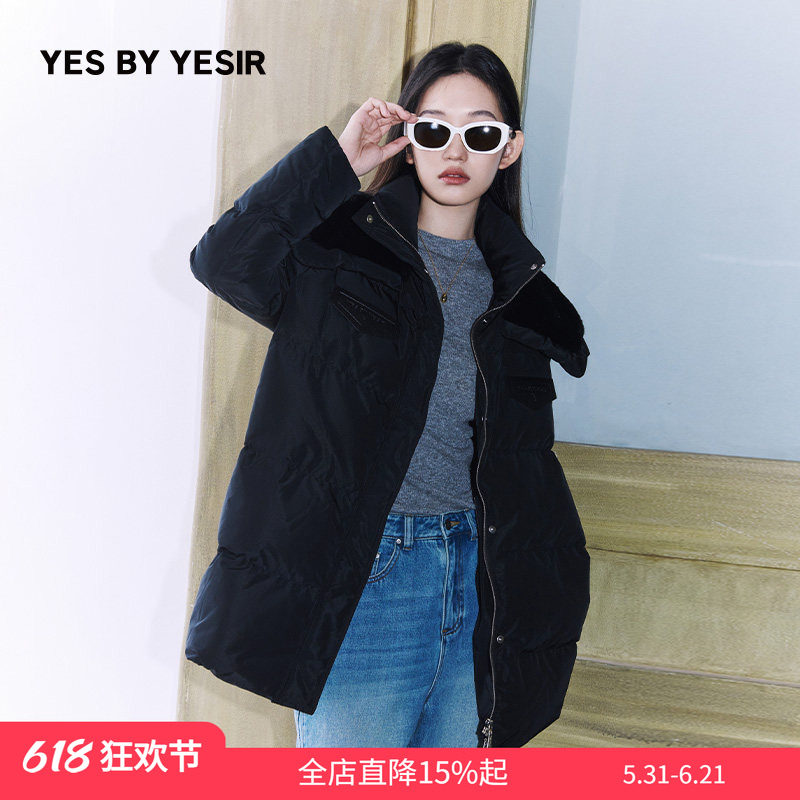 YES BY YESIR叶谦原创设计冬新款白鹅绒毛领拼接廓形中长羽绒服