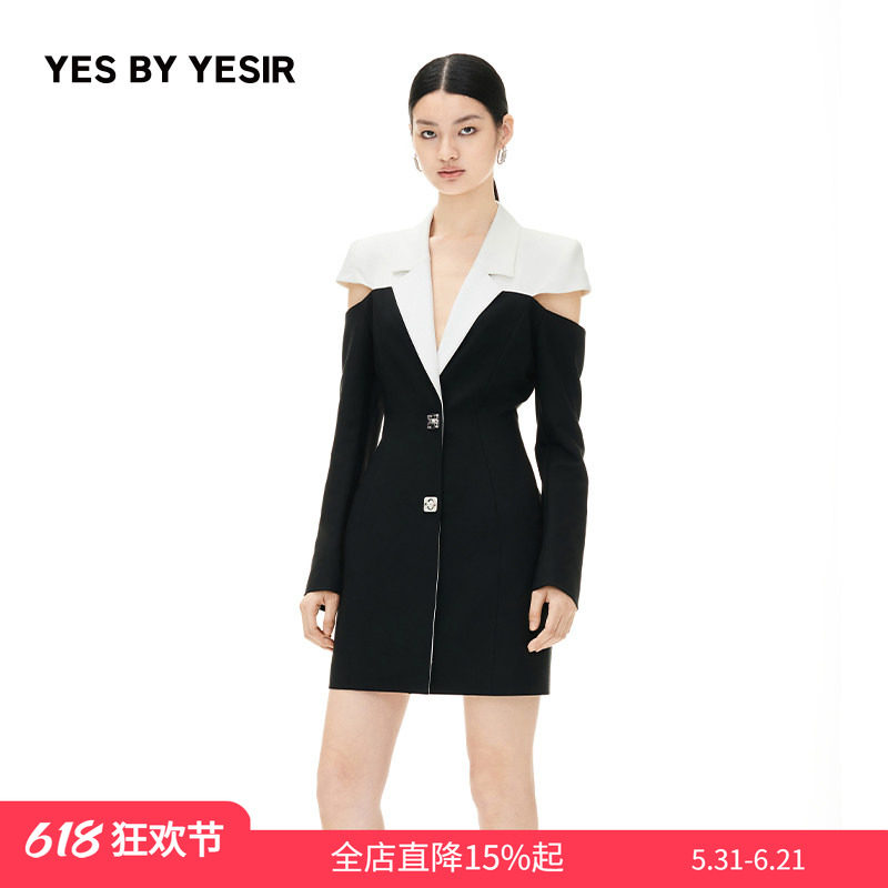 YES BY YESIR叶谦原创设计师秋冬新款黑白配断连西装连衣裙