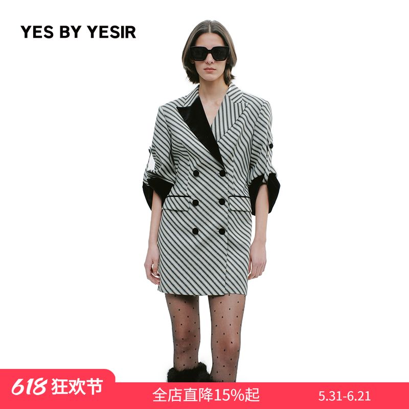YES BY YESIR叶谦原创设计师秋新款黑绿条纹拼接西服连衣裙