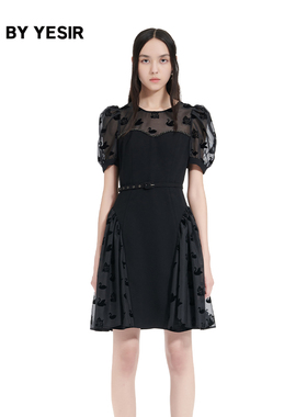 YES BY YESIR叶谦原创设计师夏裙子钻链天鹅绒绒拼接连衣裙