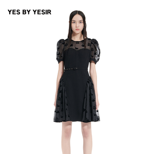 YES BY YESIR叶谦原创设计师夏裙子钻链天鹅绒绒拼接连衣裙