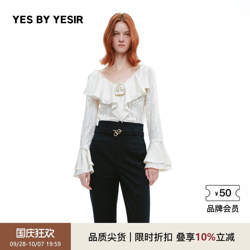 YESBYYESIR蕾丝荷叶边雪纺衫