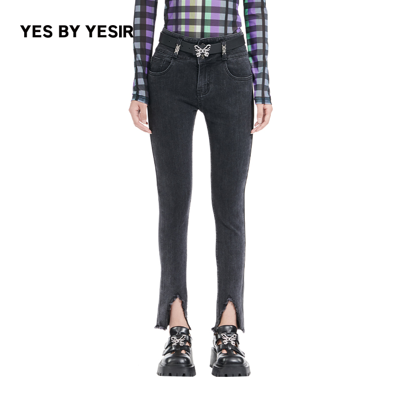 脚口开衩紧身毛边牛仔裤