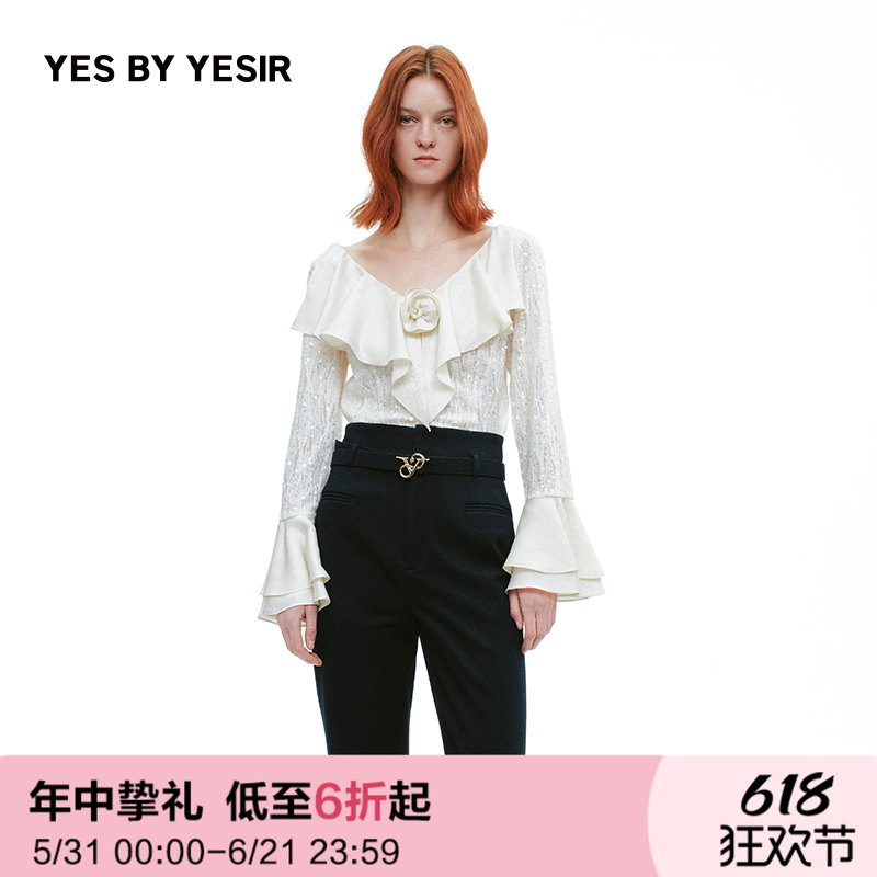 YESBYYESIR蕾丝荷叶边雪纺衫