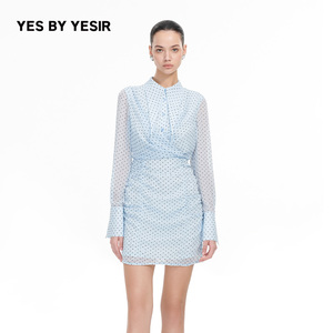 YES BY YESIR叶谦原创设计师秋新款海盐尖领衬衫连衣裙短裙