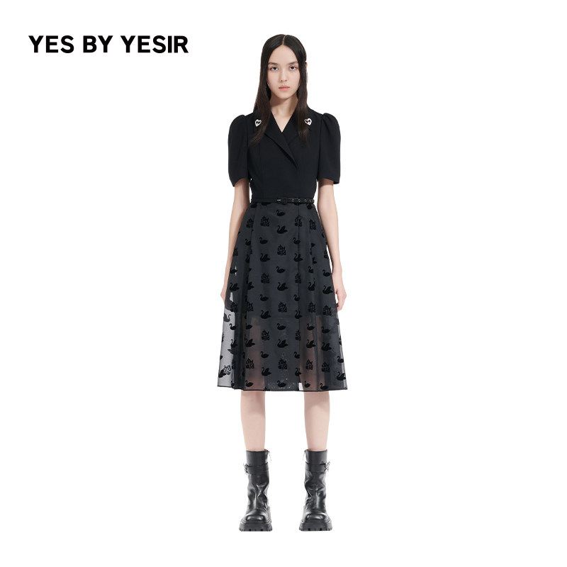 YES BY YESIR叶谦原创设计师夏女装女裙子天鹅绒西装连衣裙