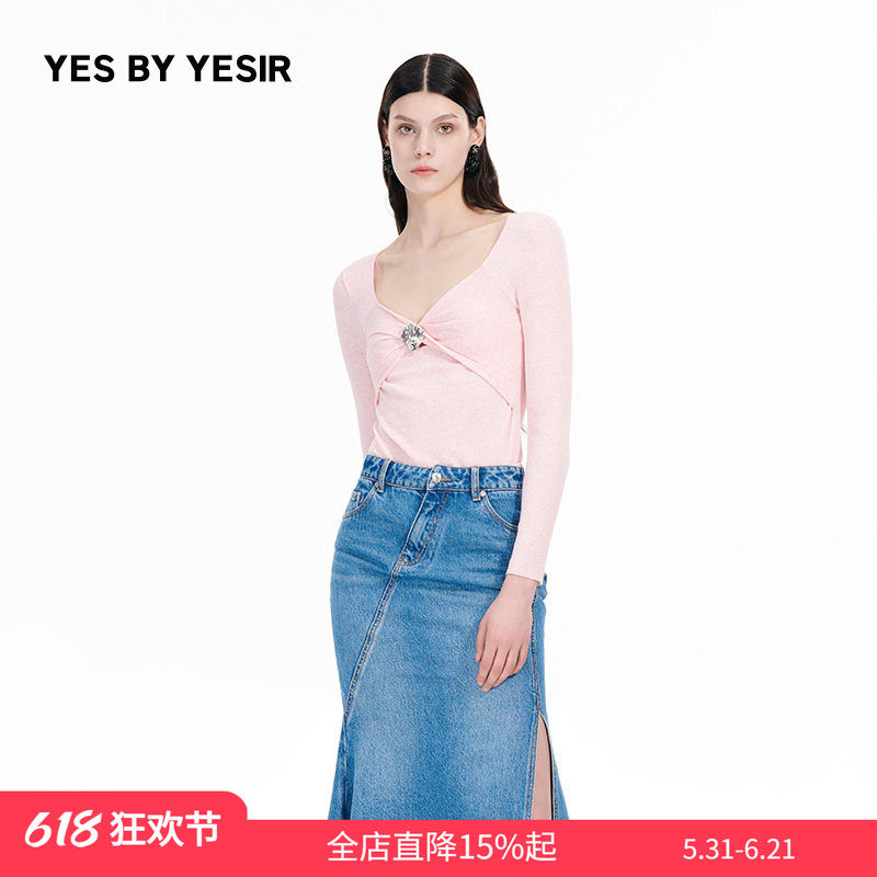 吴佳怡同款YES BY YESIR叶谦原创设计师珊瑚贝壳钻饰套头针织衫