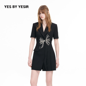 YES BY YESIR叶谦原创设计师秋新款黑镶钻蝴蝶结西装连衣裙