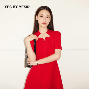 YESIR叶谦原创秋新款 红色星领收腰散摆连衣裙 YES 白鹿同款
