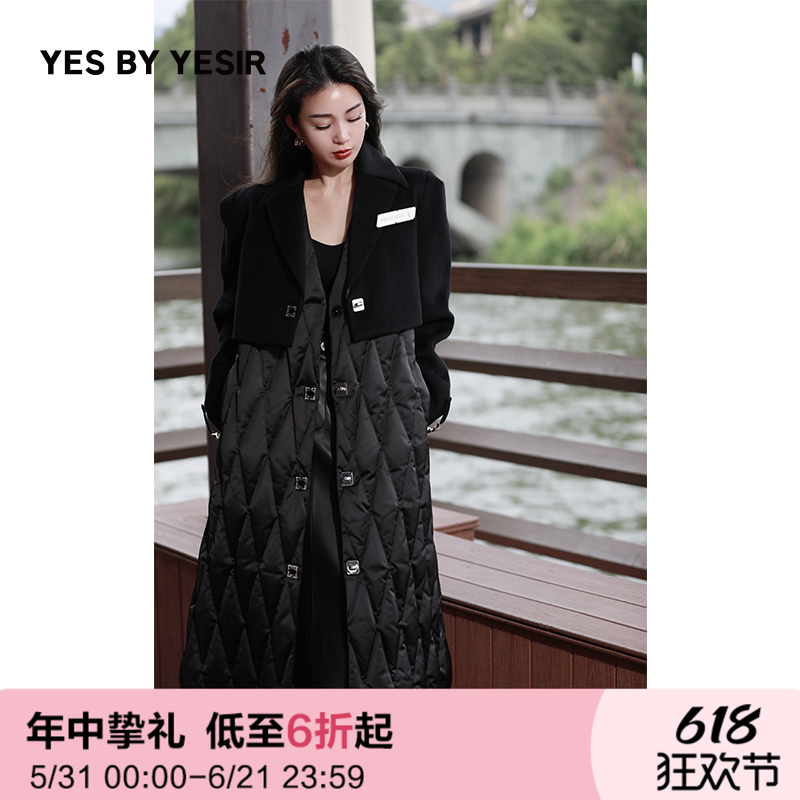 YES BY YESIR叶谦原创设计师冬新品鹅绒修身女黑色羽绒服真两件