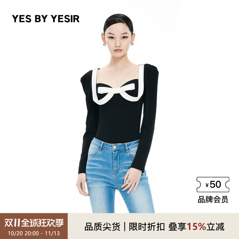 YES BY YESIR叶谦原创设计师新款连体衣女修身甜美蝴蝶结弹力上衣