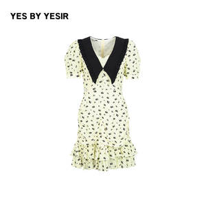 YES BY YESIR叶谦原创设计24春夏新款真丝混纺名媛碎花翻领连衣裙