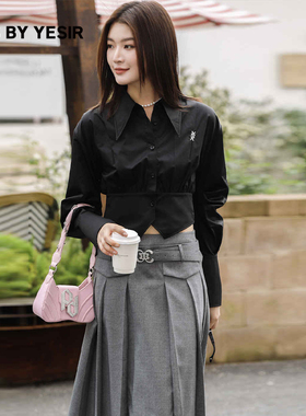 YES BY YESIR叶谦原创设计师秋新款纯黑剪裁心机拼接衬衫