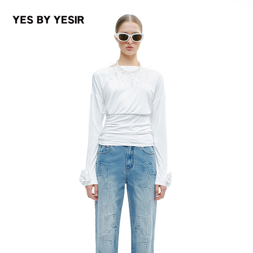 YESBYYESIR立体花装饰袖T恤