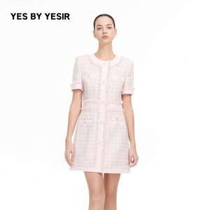 YES BY YESIR叶谦原创秋新款小众别致粉珊瑚香风西装连衣裙